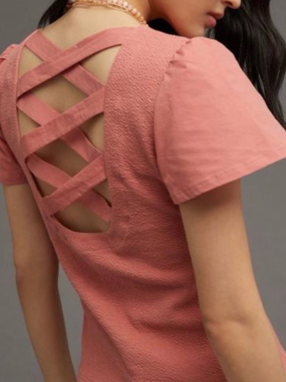 ANTHROPOLOGIE Rust Pink Puff Sleeve Crisscross Back Top
